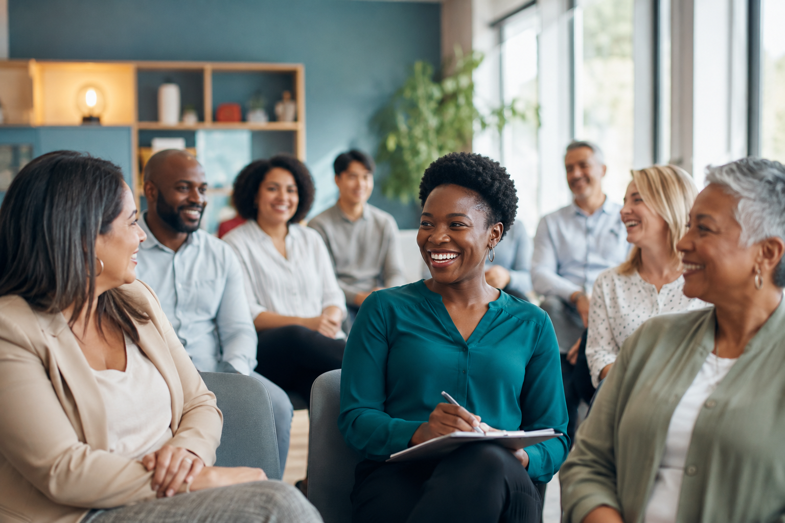 A diverse group of adults smiling during a professional community training.
