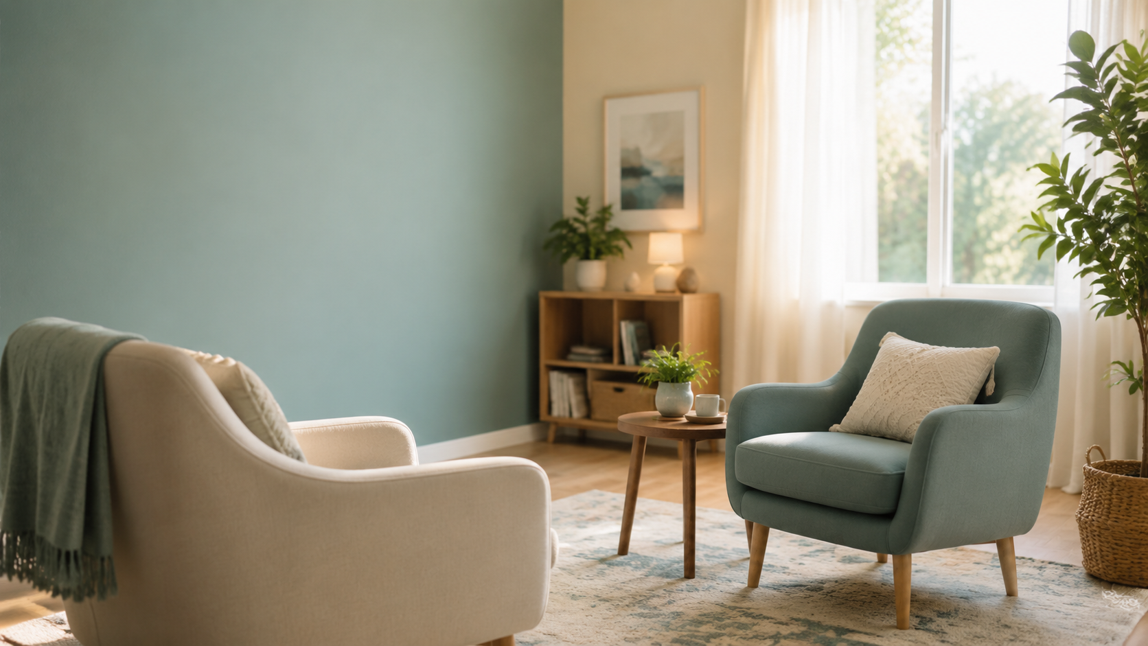 A calm therapy office with comfortable chairs and natural light.